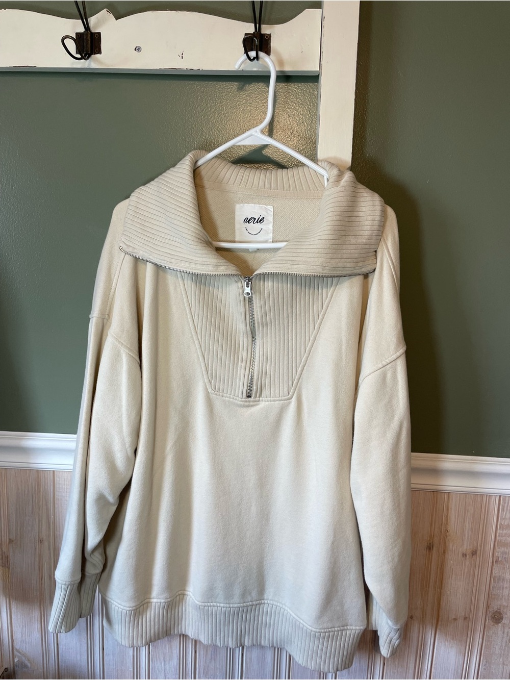 aerie Cream Half-Zip Ribbed Funnel Collar Pullover